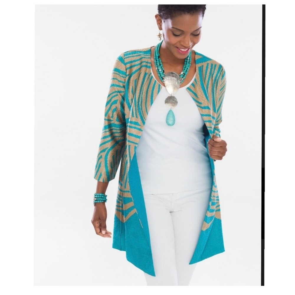 Chico's Travelers Rev Crushed Zebra Jacket Size 1 Turquoise Tan NWT $139